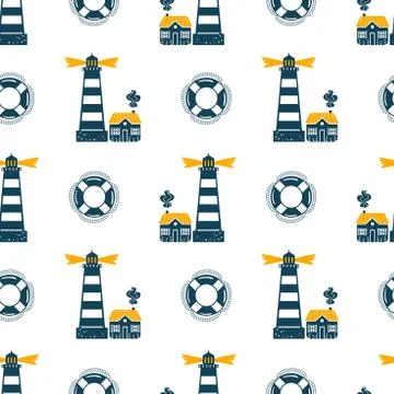 Seamless vector pattern with cute lighthouse and lifebuoy. Simple pattern for Stock Illustration