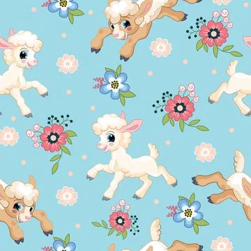 Seamless vector pattern cute little lambs and flowers Stock Illustration