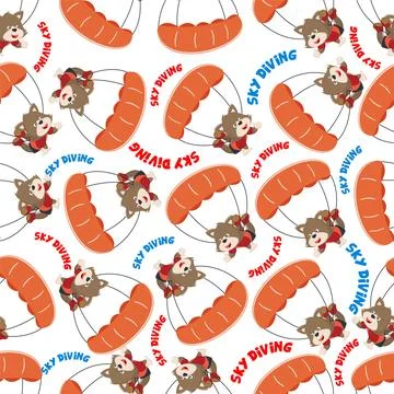 Seamless vector pattern with cute little fox skydiver, Stock Illustration