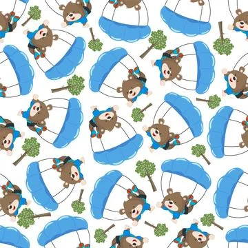 Seamless vector pattern with cute little fox skydiver, イラスト素材