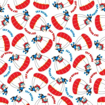 Seamless vector pattern with cute little fox skydiver, Illustrazione stock