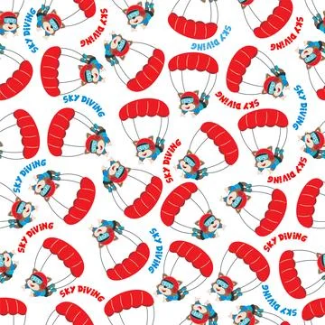 Seamless vector pattern with cute little fox skydiver, Design concept Stock Illustration