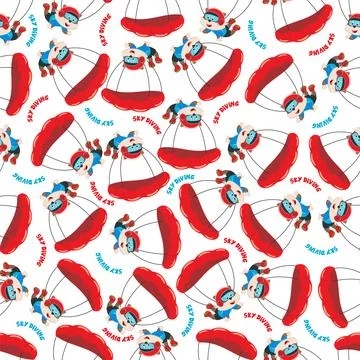 Seamless vector pattern with cute little fox skydiver Stock Illustration
