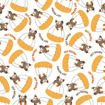 Seamless vector pattern with cute little fox skydiver, Design concept Stock Illustration