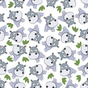 Seamless vector pattern of cute little hippo play in jungle. 스톡 일러스트