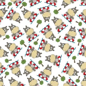 Seamless vector pattern of cute little hippo swimming with a buoy. Stock Illustration
