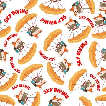 Seamless vector pattern with cute little fox skydiver, Stock Illustration