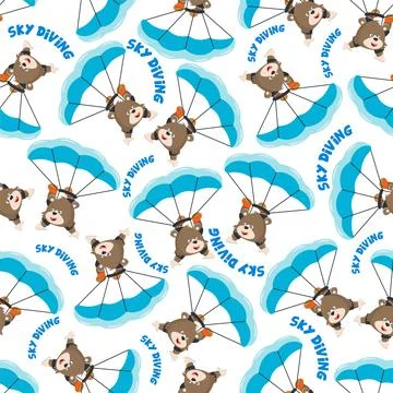 Seamless vector pattern with cute little fox skydiver, Stock Illustration