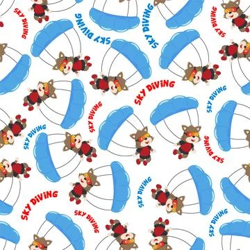 Seamless vector pattern with cute little fox skydiver イラスト素材