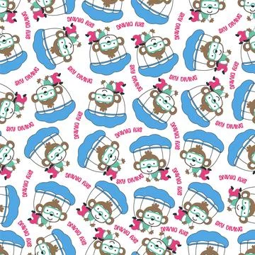 Seamless vector pattern with cute little monkey skydiver, Stock Illustration