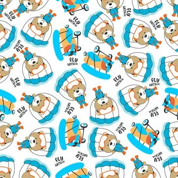 Seamless vector pattern with cute little bear skydiver, Stock Illustration