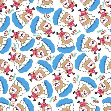 Seamless vector pattern with cute little bear skydiver, Stock Illustration