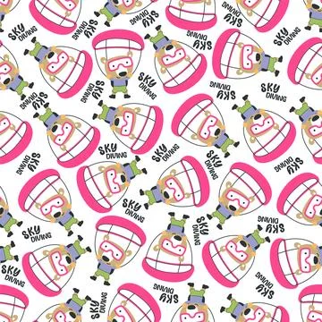Seamless vector pattern with cute little bear skydiver, Stock Illustration