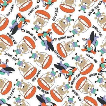 Seamless vector pattern with cute little bear skydiver, Stock Illustration