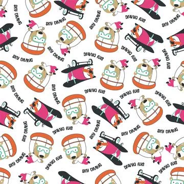 Seamless vector pattern with cute little bear skydiver, Stock Illustration