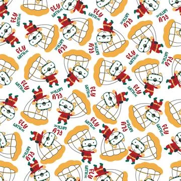 Seamless vector pattern with cute little tiger skydiver, Stock Illustration