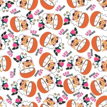 Seamless vector pattern with cute little tiger skydiver, Stock Illustration