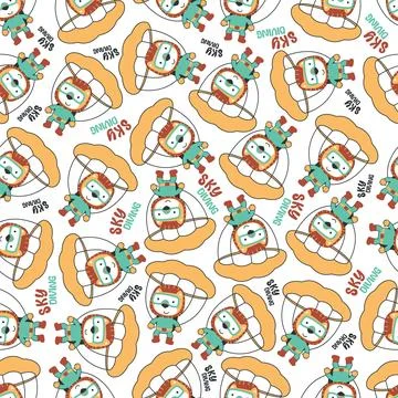 Seamless vector pattern with cute little lion skydiver, Ilustración de archivo