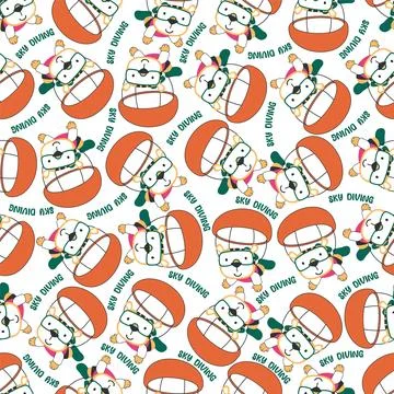 Seamless vector pattern with cute little tiger skydiver, Stock Illustration