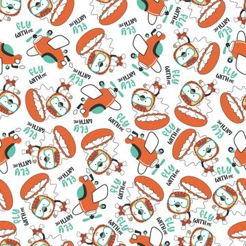 Seamless vector pattern with cute little lion skydiver, 스톡 일러스트