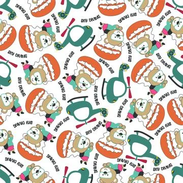 Seamless vector pattern with cute little bear skydiver, 스톡 일러스트