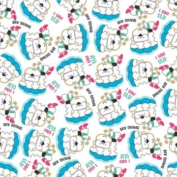 Seamless vector pattern with cute little bear skydiver, 스톡 일러스트