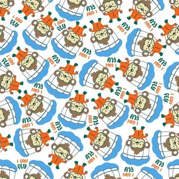 Seamless vector pattern with cute little monkey skydiver, イラスト素材
