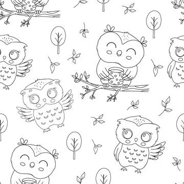 Seamless vector pattern with cute little owls and tree. Vector monochrome Stock Illustration