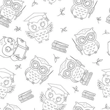 Seamless vector pattern with cute little owls and books. Vector monochrome Stock Illustration