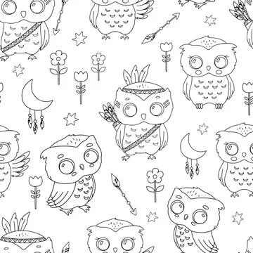 Seamless vector pattern with cute little owls. Vector monochrome background for Stock Illustration