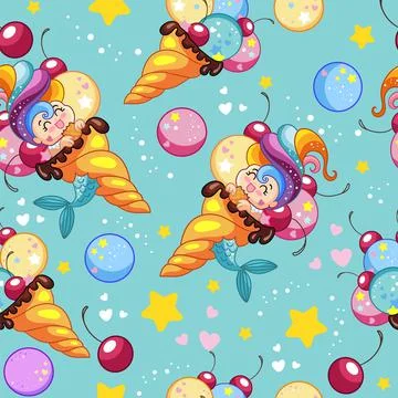 Seamless vector pattern cute mermaid in ice cream cone Stock Illustration