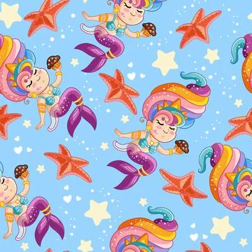 Seamless vector pattern cute mermaid eats cupcake Illustrazione stock