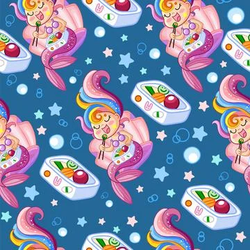 Seamless vector pattern cute mermaid eats sushi Stock Illustration