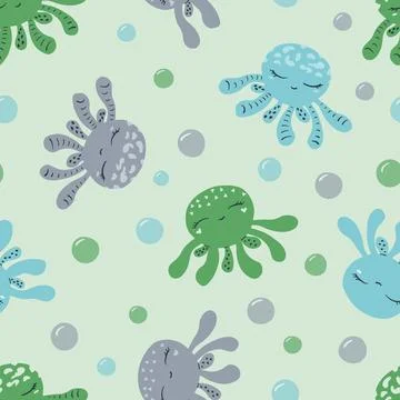 Seamless vector pattern with cute octopus and bubbles, blue, green. Textile Stock Illustration