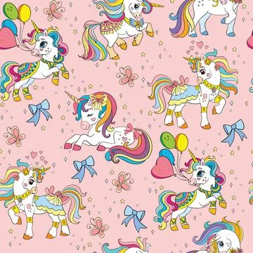 Seamless vector pattern cute party unicorns on pink Illustrazione stock