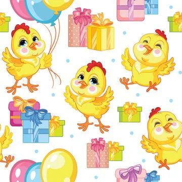 Seamless vector pattern cute party chickens and presents Illustrazione stock