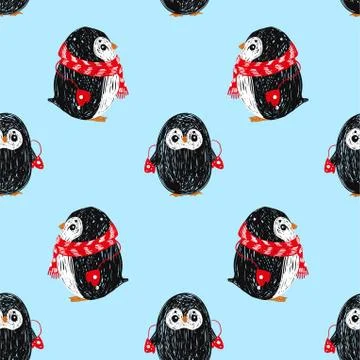 Seamless vector pattern with cute penguin in scarf and hat. Can be used for w Stock Illustration