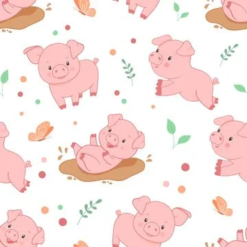 Seamless vector pattern with cute piggy playing in puddle. Funny farm animal Stock Illustration