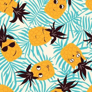 Seamless vector pattern cute pineapples with cat faces on teal blue palm leaves Illustrazione stock