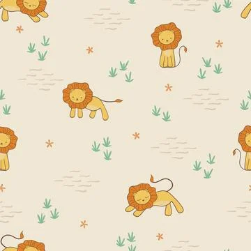 Seamless vector pattern with Cute Playful lion in African savanna, gender Stock Illustration