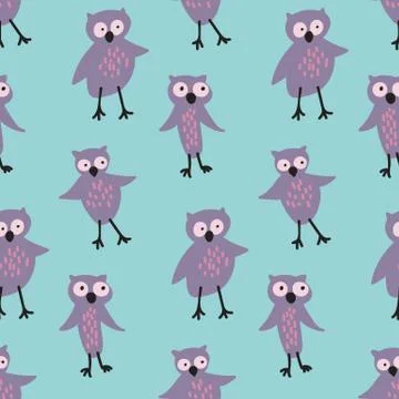 Seamless vector pattern with cute purple owls on a a blue background Stock Illustration
