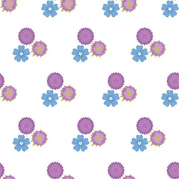 Seamless vector pattern with cute purple and blue flowers on white background Illustrazione stock