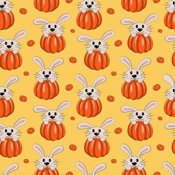 Seamless vector pattern with Cute Rabbit and pumpkin Stock Illustration