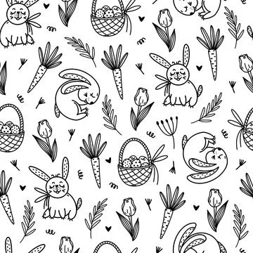 Seamless vector pattern with cute rabbits, carrots, flowers. Easter ornament イラスト素材