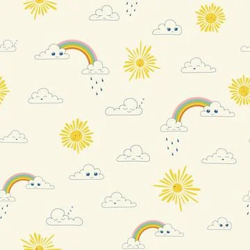 Seamless vector pattern with cute rainbow, kawaii cloud and sun Stock Illustration