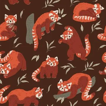 Seamless vector pattern of cute red panda in different poses with bamboo Illustrazione stock