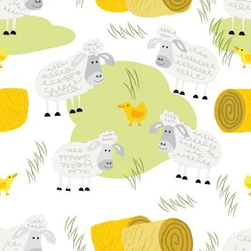 Seamless vector pattern with cute sheep, duck  and hay on a farm. Stock Illustration
