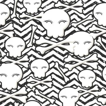 Seamless vector pattern with cute skulls and bones isolated on geometric back Stock Illustration