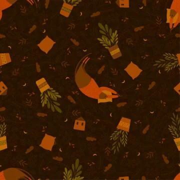 Seamless vector pattern with cute sleeping cats on pillows, potted flowers. Stock Illustration