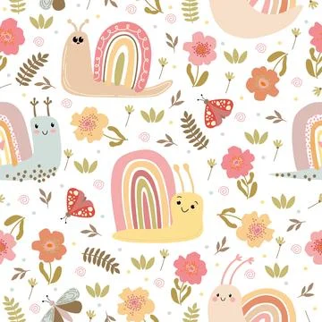 Seamless Vector Pattern with Cute Snails and Flowers Stock Illustration